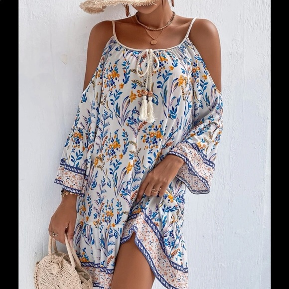 Boho Gypsy Floral Print Tassel Cold Off Drop Shoulder Dress - Picture 12 of 15